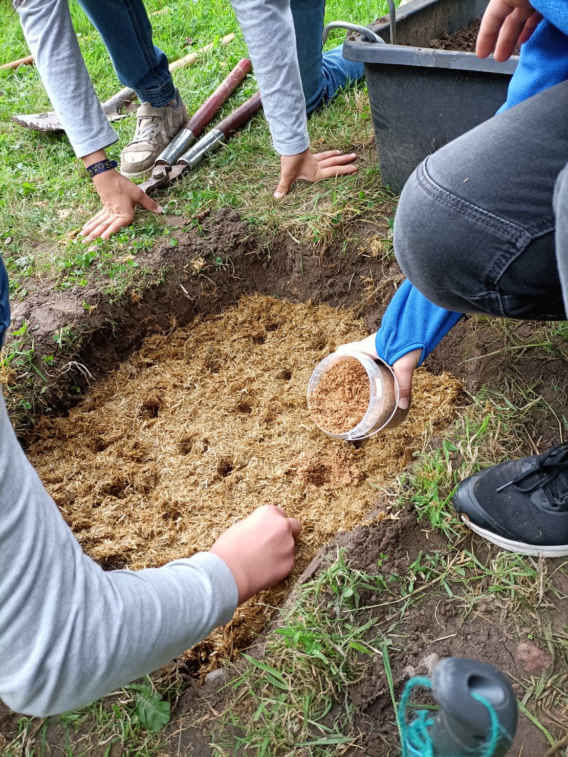 Foto Waldpilzbeet im Schulgarten in seiner Entstehung.